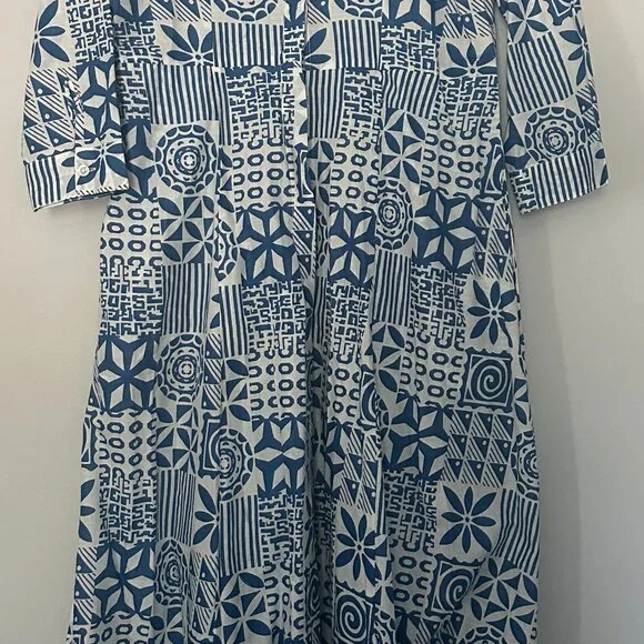 Julia Amory - The JA Shirt Dress - Blue / White Batik Patchwork - Picture 2 of 4